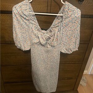 Light Blue Floral Puff-Sleeve Smocked Midi Dress